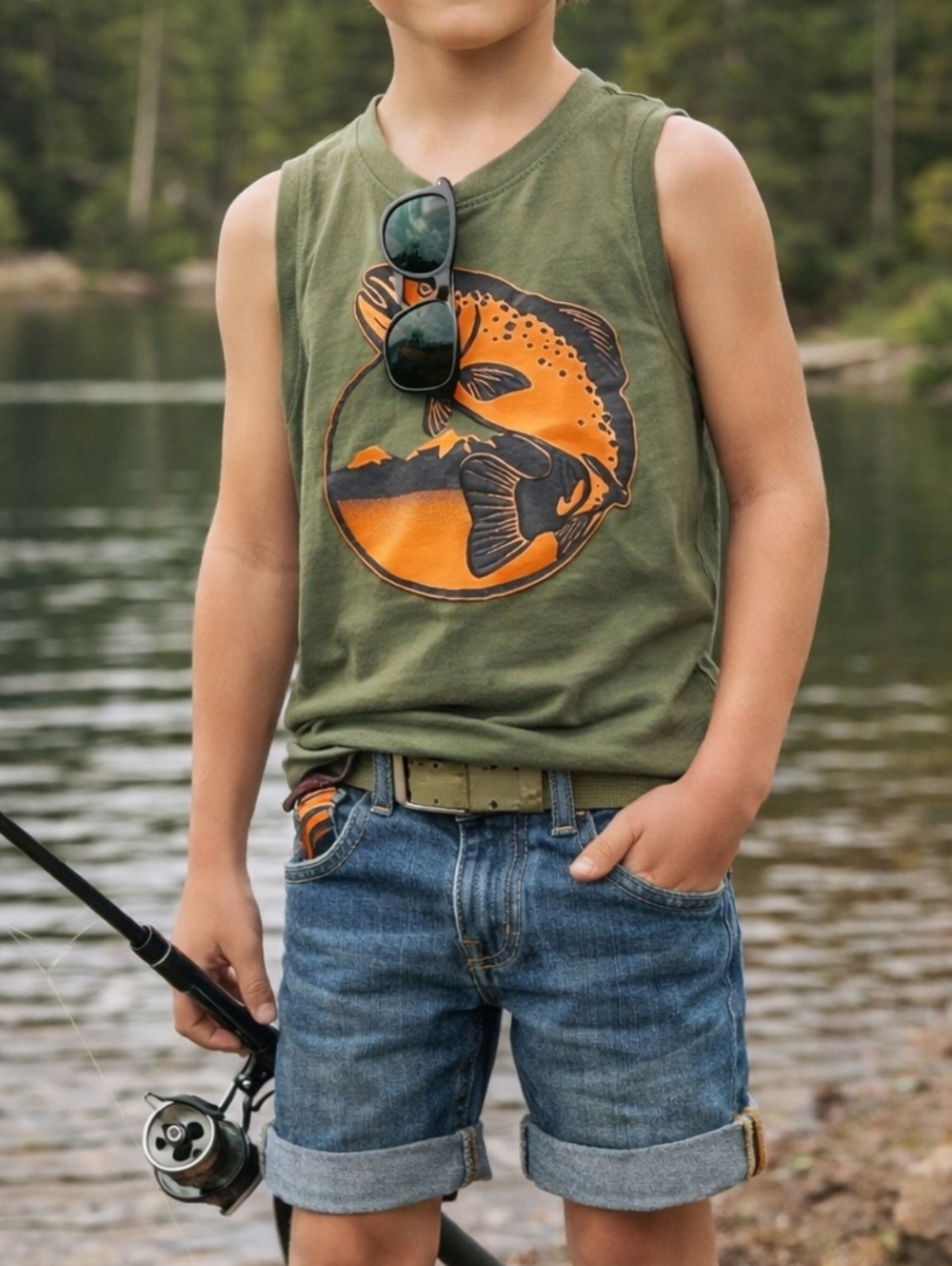 Gymboree Kids Fish Graphic Tank 100% Cotton Olive Green Orange Outdoorsy Fishing
